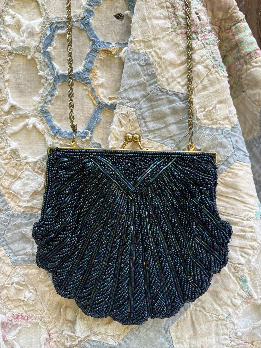 Vintage La Regale Navy Beaded Shell Clutch with Gold Chain
